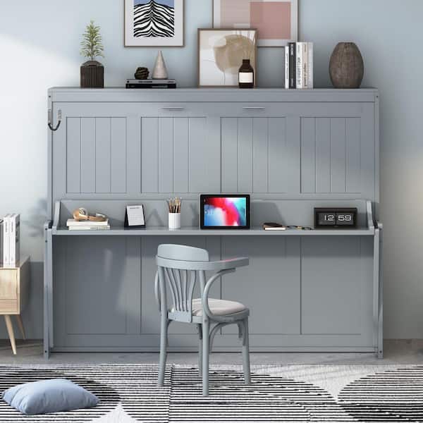 Gray Wood Frame Full Size Murphy Bed with a Storage Shelf