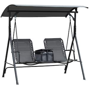 2-Person Gray Metal Outdoor Canopy Patio Swing with Storage Table Cup Holder Adjustable Shade Bungie Seat Suspension