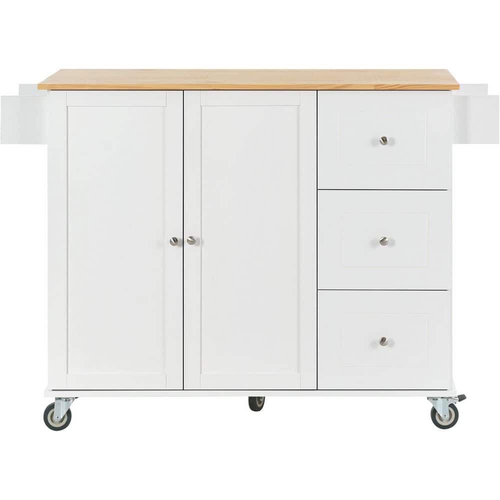 White Wood 53 in. Kitchen Island with Solid Wood Top, Drop Leaf, Spice Rack