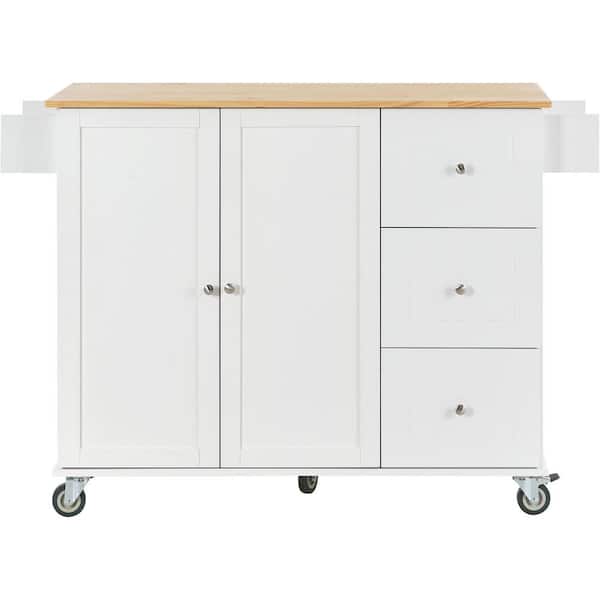 Unbranded White Wood 53 in. Kitchen Island with Solid Wood Top, Drop Leaf, Spice Rack, Towel Rack and 3 Drawer for Kitchen Room