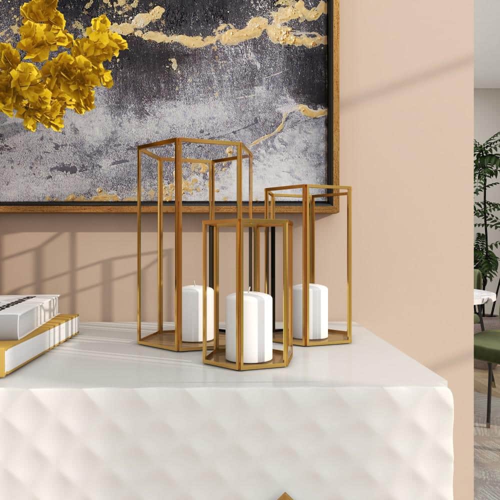 Gold Iron and Glass Hexagonal Candle Lantern Set