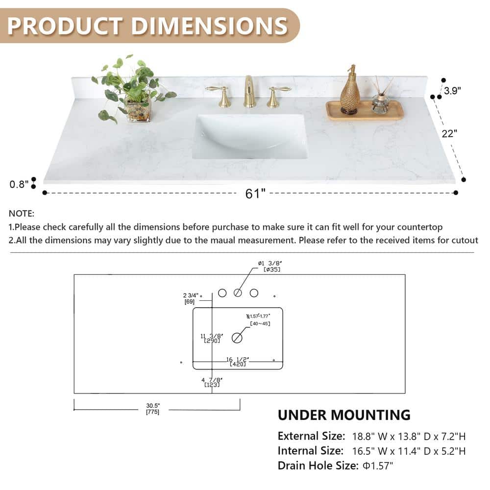 Ceres 61" White Engineered Stone Vanity Top with Sink