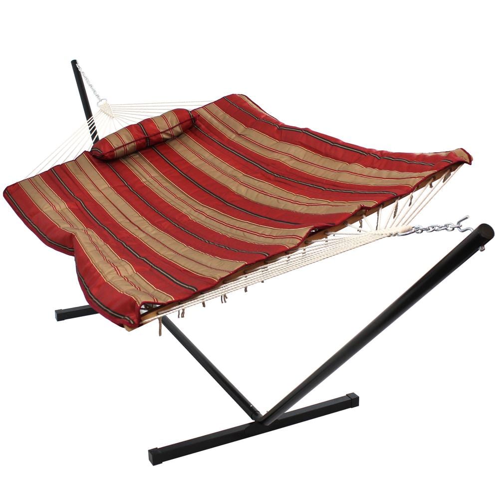 12 ft Red and Brown Striped Rope Hammock with Steel Stand