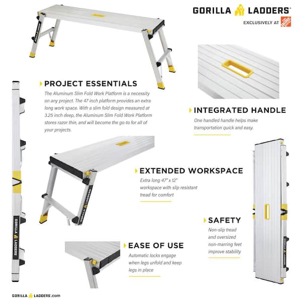 Gorilla Ladders - 4 ft. x 12 in. x 20 in. Aluminum Slim-Fold Work Platform, 300 lbs. Load Capacity