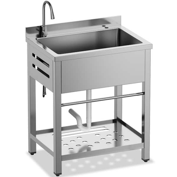 21.7 in. D x 30.7 in. W Freestanding Laundry/Utility Sink in Silver with Faucet, Cold Hot Water Pipe, Single Bowl