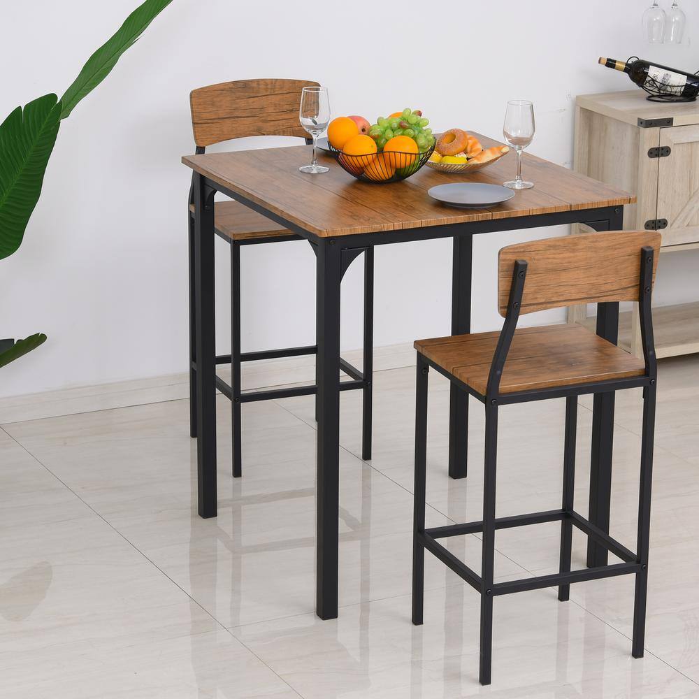 Rustic Brown MDF and Steel Pub Table Set with 2 Chairs