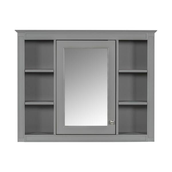 35 in. W x 27.5 in. H Gray Rectangular MDF Medicine Cabinet with Mirror and 6 Open Shelves