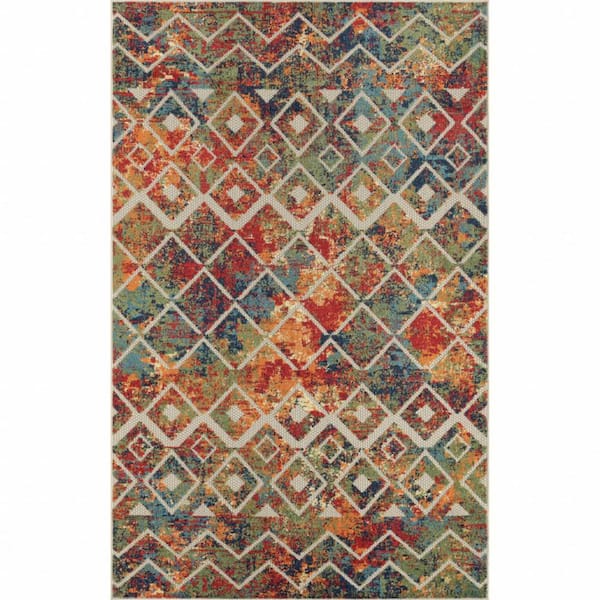 Red, Ivory 8 ft. x 10 ft. Woven Geometric Polypropylene Rectangle Indoor/Outdoor Area Rug