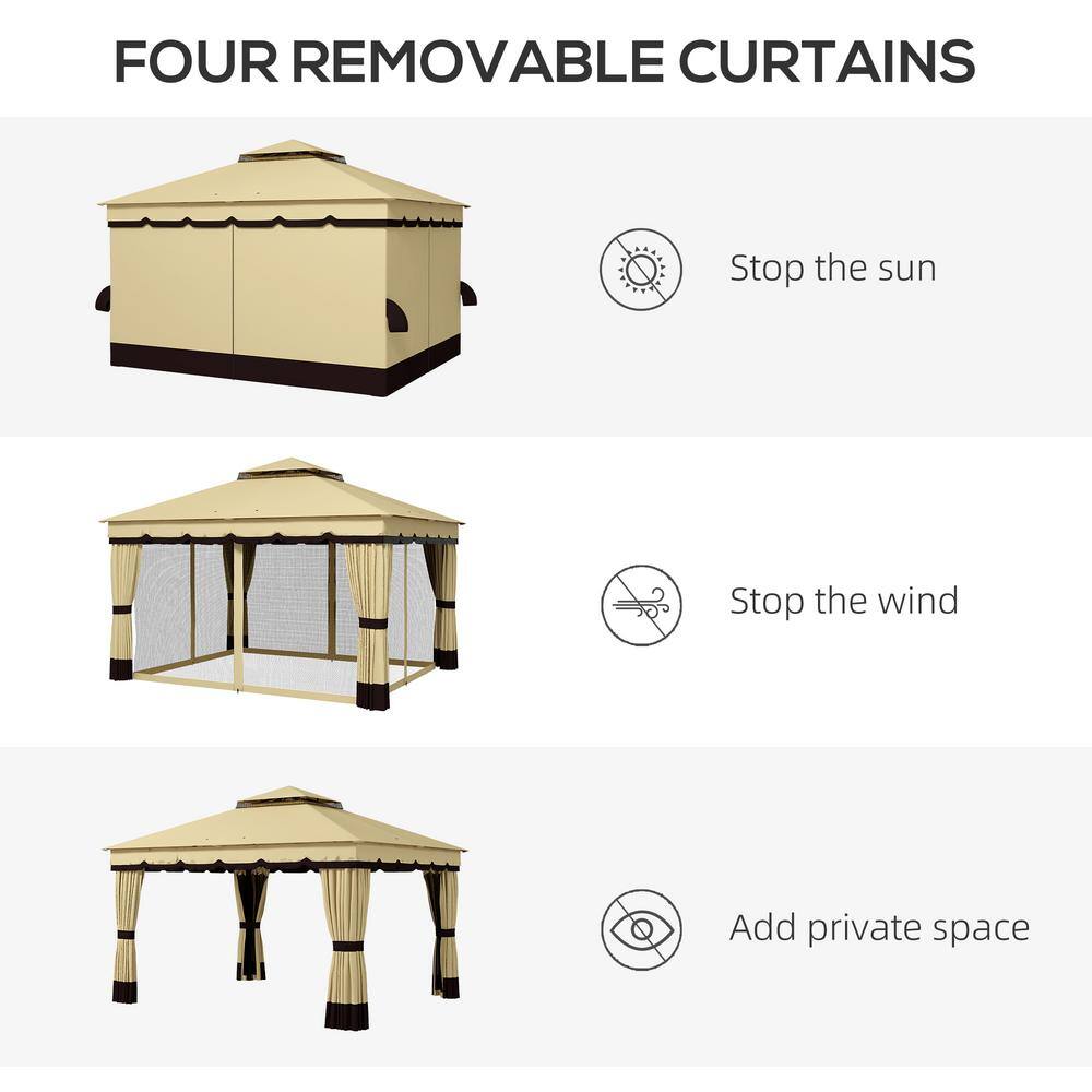 Beige and Brown Double Roof Patio Gazebo with Netting and Curtains
