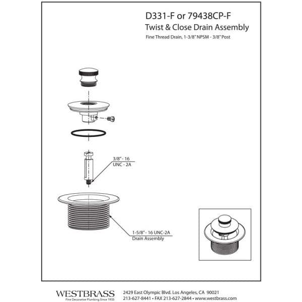 Westbrass D3311-F-20 1.38 in. Bath Drain with Grid and Screw - Stainless Steel