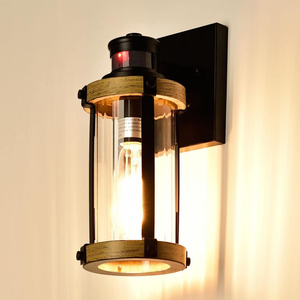 Farmhouse Charm Black & Woodgrain Outdoor Wall Sconce with Motion Sensor