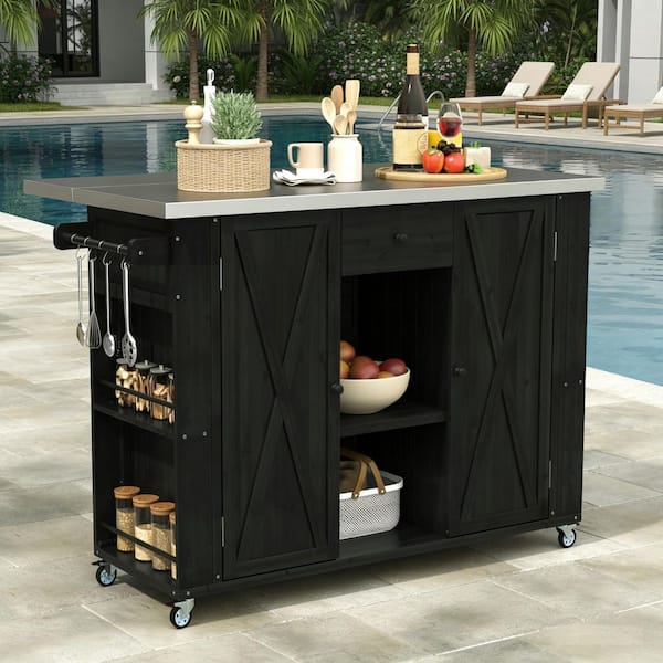 Outdoor Kitchen Island with Stainless Steel Top, Ample Storage Space, Towel and Spice Racks and a Bottle Opener