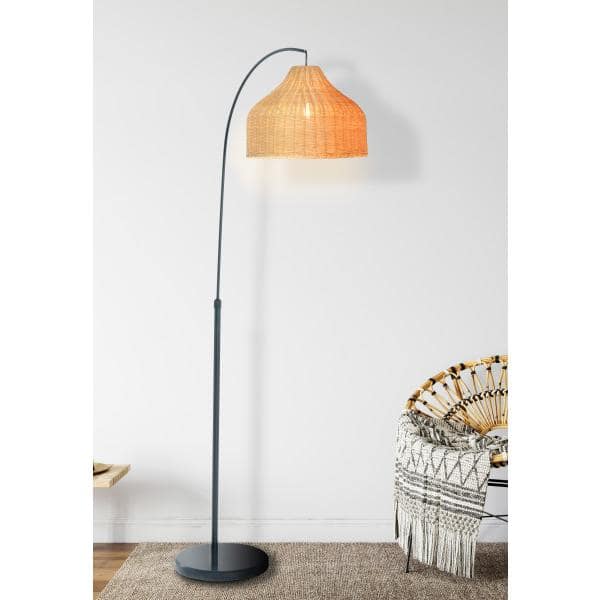 78 in. Black Arc Floor Lamp with Marble Base and Rattan Shade