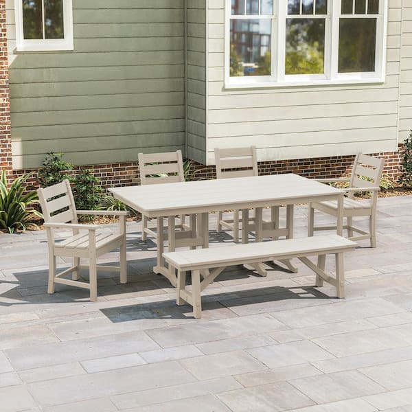 POLYWOOD Grant Park 6-Piece Farmhouse Plastic Outdoor Dining Set with Bench in Sand