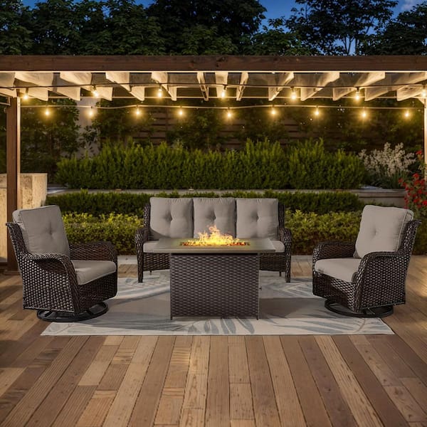 4-Piece Brown Wicker Outdoor Patio Rectangular Fire Pit Conversation Set with Gray Cushions and Swivel Rocker Chairs