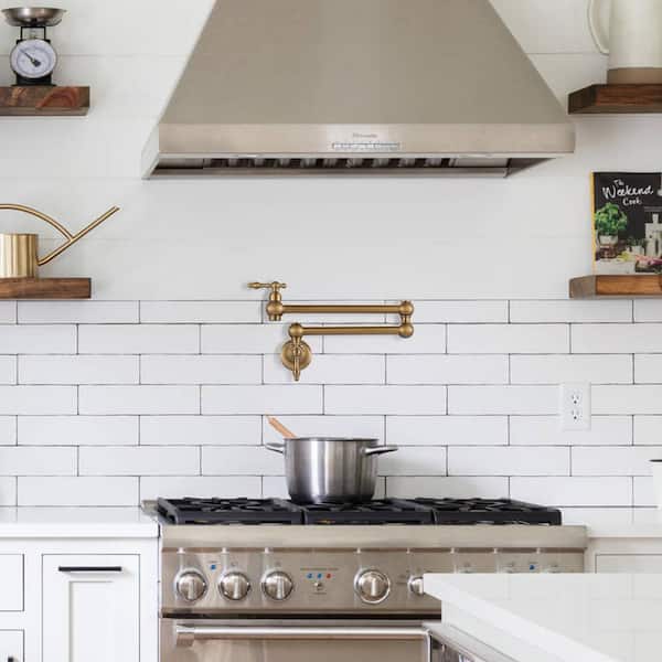 Brass Wall Mount Pot Filler with 2-Aerators and Brass Valve, Double Handle Single Hole Kitchen Faucet in Gold