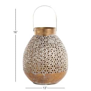 16 in. H Gold Metal Laser Cut Metal Decorative Candle Lantern with Moroccan Pattern