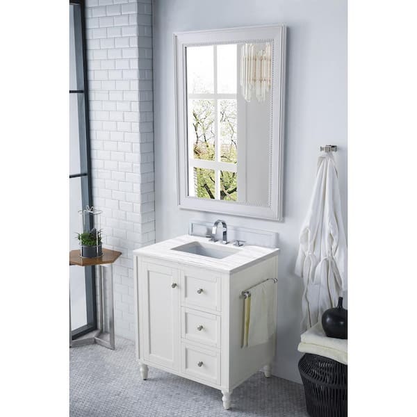 James Martin Vanities Copper Cove Encore 30 in. W x 23.5 in.D x 36.2 in. H Single Vanity in Bright White w/ Solid Surface Top in Arctic Fall