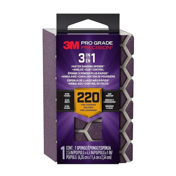 3M Pro Grade Precision 2.5 in. x 4.5 in. x 1 in. Fine 220 Grit 3-in-1 Sanding Sponge (1-Pack)