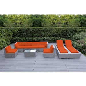 Gray 9-Piece Wicker Patio Combo Conversation Set with Supercrylic Orange Cushions
