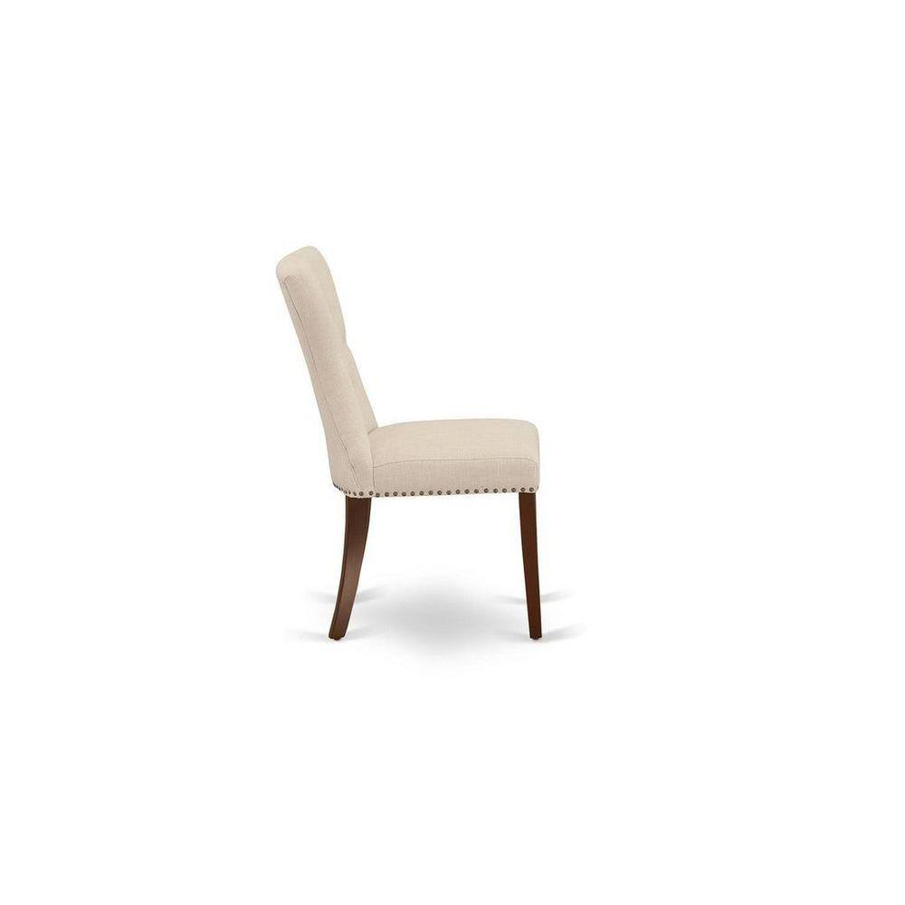 Mahogany Round Pedestal Dining Table Set with Beige Linen Chairs
