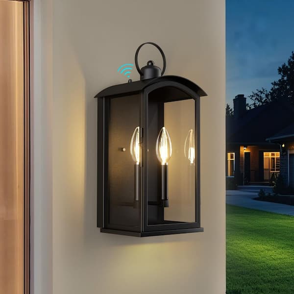 Montpelier 20 in. 2-Light Sand Grain Black Dusk to Dawn Outdoor Hardwired Wall Lantern Scone