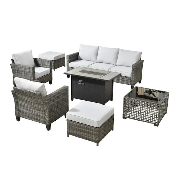 Scarlet 7-Piece Wicker Outdoor Fire Pit Patio Conversation Sofa Set with a Solar Lighted Table and Light Grey Cushions