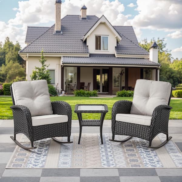 3-Piece Black Wicker Patio Conversation Set with Cushions and Coffee Table All-Weather Rocking Chairs