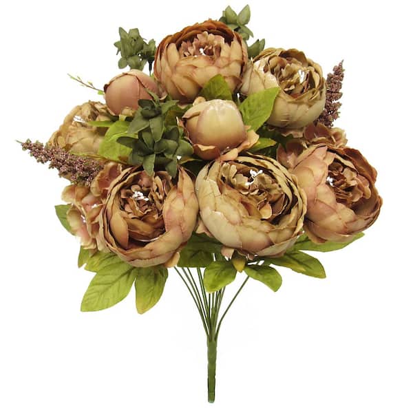 LIVING LUXURY 19 in. Olive Cafe Artificial Mixed Peony Hydrangea Flower Stem Bush Bouquet