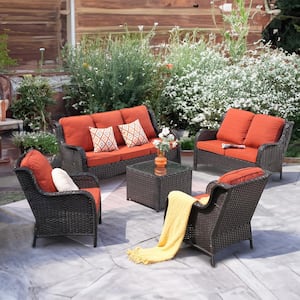 Ceres Brown 5-Piece Wicker Outdoor Patio Conversation Seating Set with Orange Red Cushions