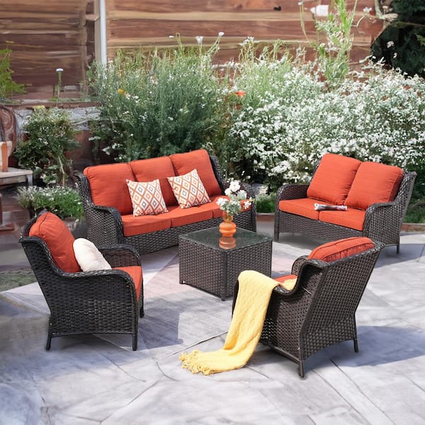 XIZZI Ceres Brown 5-Piece Wicker Outdoor Patio Conversation Seating Set with Orange Red Cushions