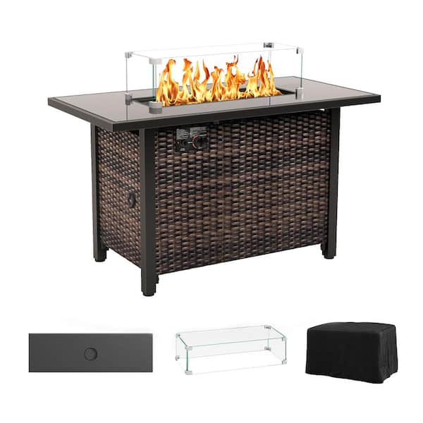 Runesay 43 in. Propane Wicker Fire Pit Table, 50,000 BTU Gas Fire Table for Outside Patio with Guard Glass