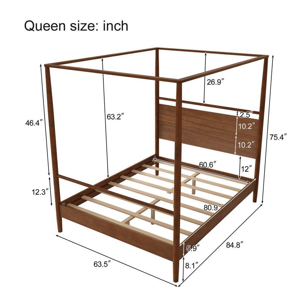 Walnut Wood Frame King Size Canopy Bed, 4-Posters Bed - thumbnail 6