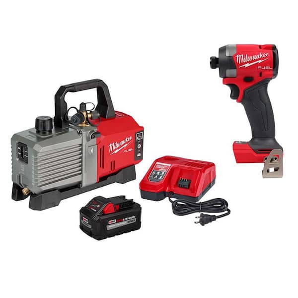 Milwaukee M18 18-Volt Lithium-Ion Cordless 5 CFM Vacuum Pump Kit with M18 FUEL 18V Brushless Cordless 1/4 in. Hex Impact Driver