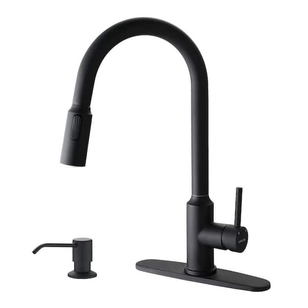 YASINU Karwors Single-Handle Pull-Down Sprayer Kitchen Faucet with Soap Dispenser in Matte Black