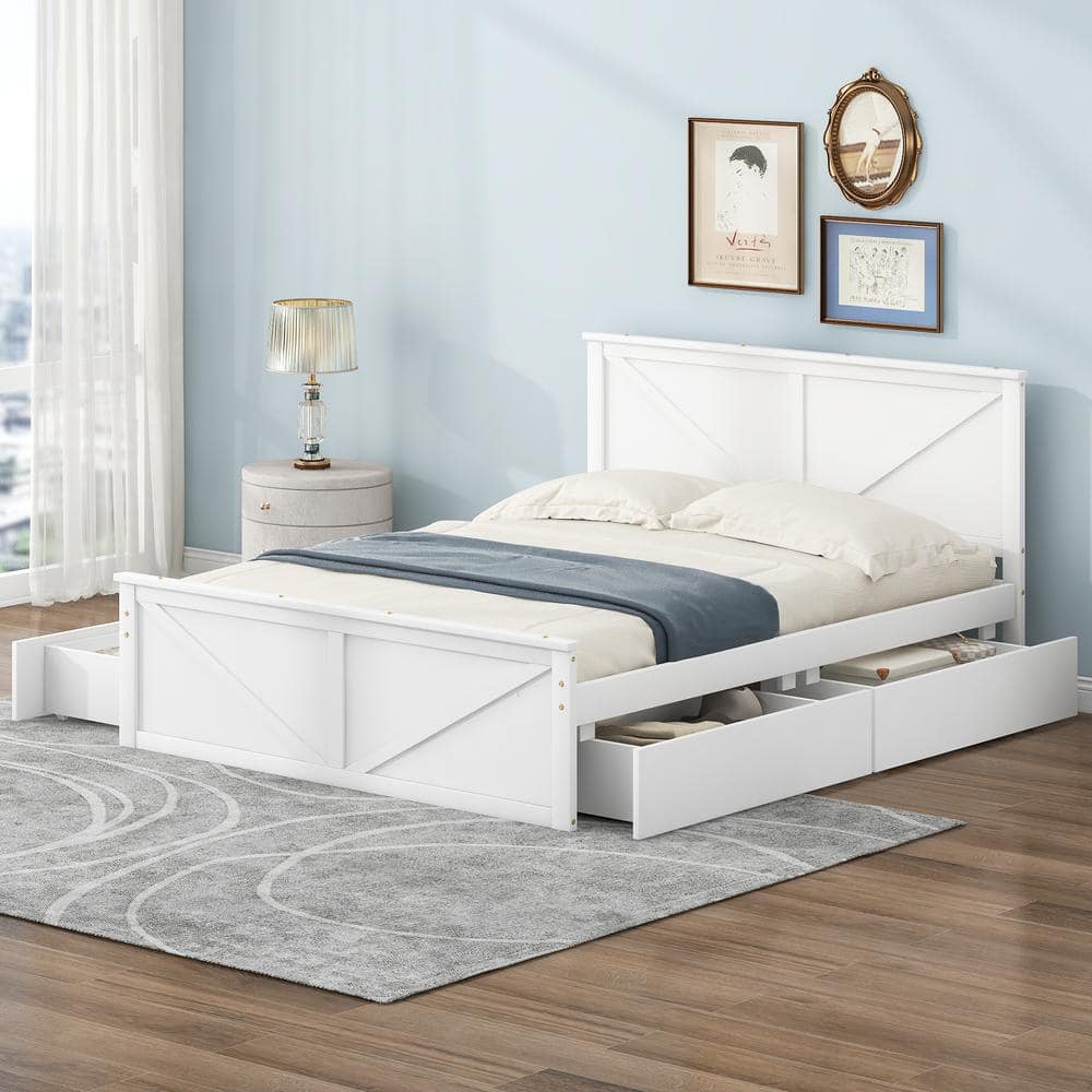 Harper & Bright Designs White Wood Frame Queen Size Platform Bed with ...