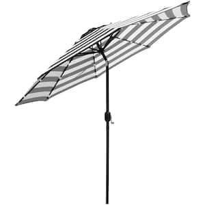 9 ft. Steel Market Crank and Tilt Solar LED Lighted Patio Umbrella in Black and White Stripe