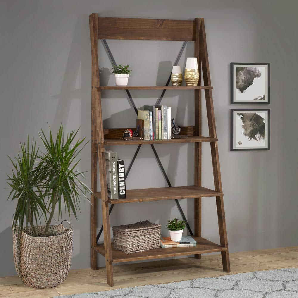 Welwick Designs 68 in. Brown Wood 4-shelf Ladder Bookcase with Open ...