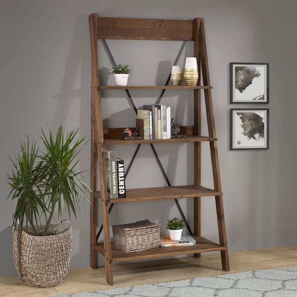 Brown Wood 4 Shelf Ladder Bookcase, Farmhouse Ladder Bookcase Designs
