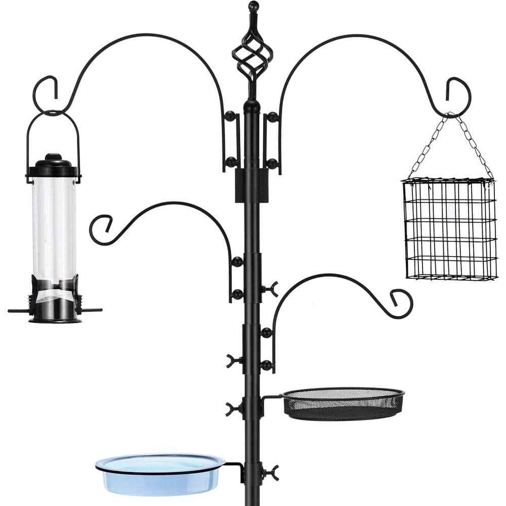 7 ft. Black Alloy Steel Bird Feeder Stand with 5 Ground Stake Prongs, 4 Han