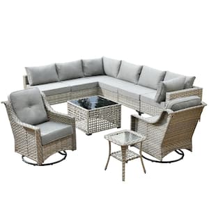 Holston 10-Piece Wicker Modern Outdoor Patio Conversation Sofa Sectional Set with Swivel Chairs and Dark Grey Cushions