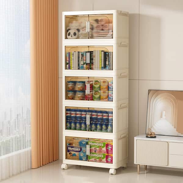50 in. 5-Shelf Cream White Folding Kitchen Pantry Cabinet on Wheel