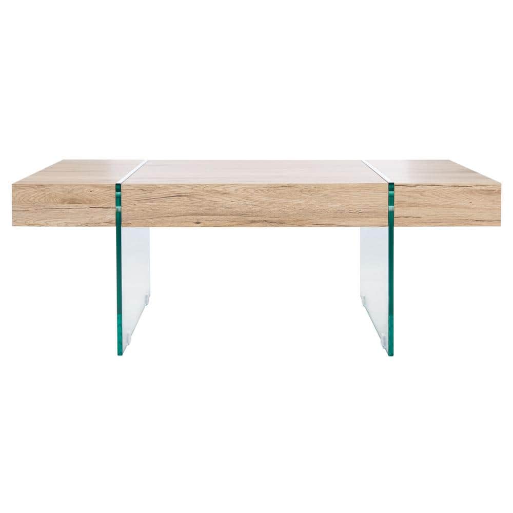 Ethereal Style Natural Finish Rectangular Coffee Table with Glass Legs