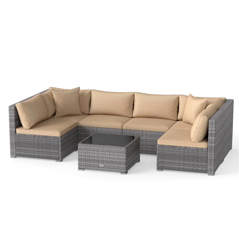Costway 7-Piece Wicker Patio Conversation Set with Sectional Sofa Beige Cushioned