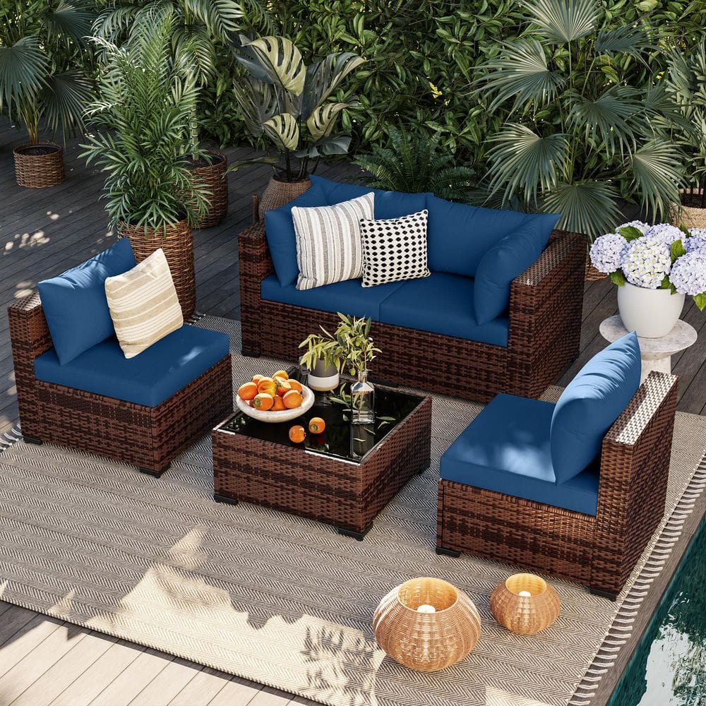 Brown 5-Piece Wicker Sofa Set, Outdoor Seating Group with Blue Cushions & Glass Table price history on PriceWatchPro