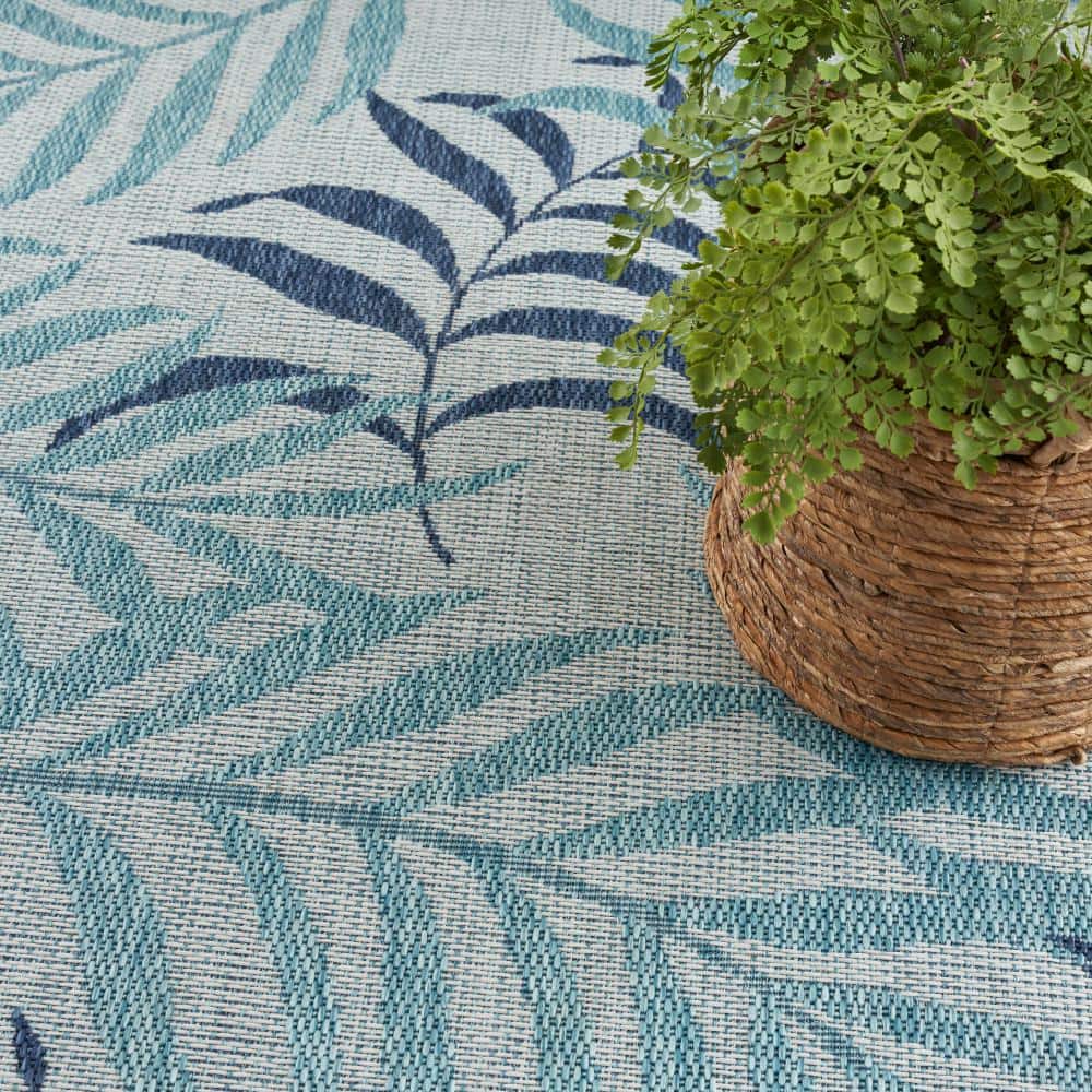 Blue and White Rectangular Synthetic Tropical Outdoor Rug 3' x 5'