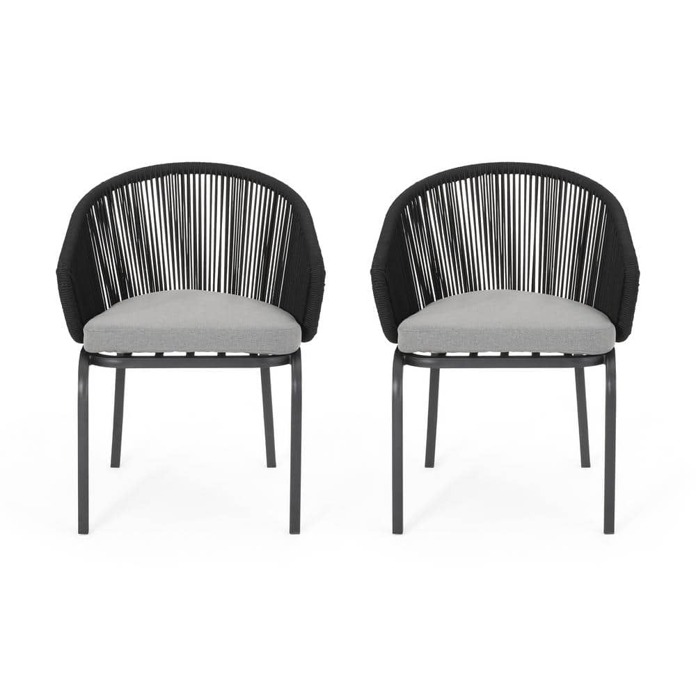 Black Metal Outdoor Recliner Chair with Gray Cushions for Garden Yard Porch