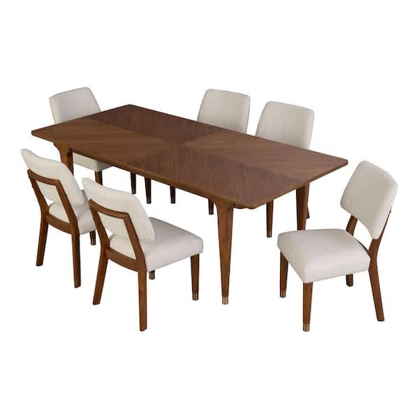 Forma 7-Piece Mid Century Walnut Wood Top Dining Room Set with Gold-Capped Legs (Seats 6)