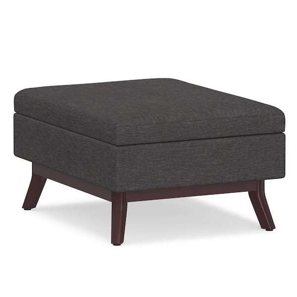 Owen 34 in. Wide Mid Century Modern Rectangle Coffee Table Storage Ottoman in Slate Grey Linen Look Fabric, Assembled