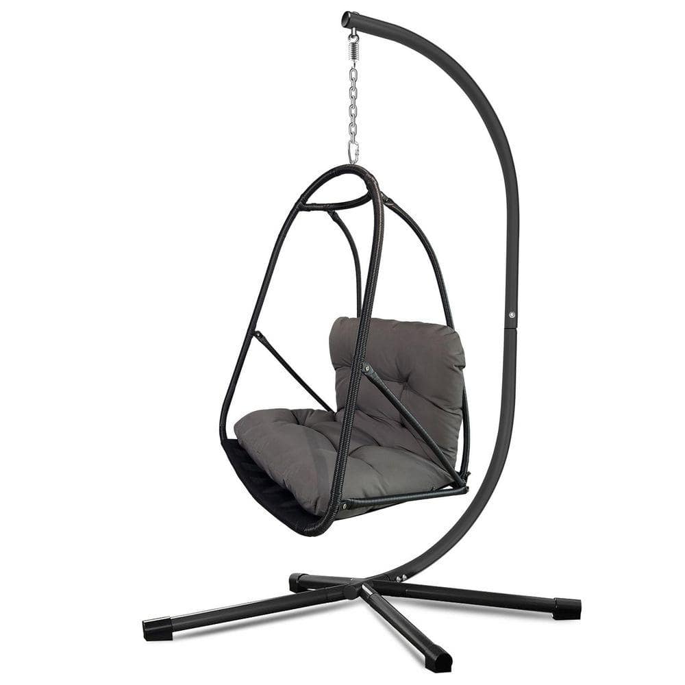 1-Person Black Wicker Patio Swing with Cushion and Pillow, Foldable Indoor Outdoor Hanging Egg Chair with Stand